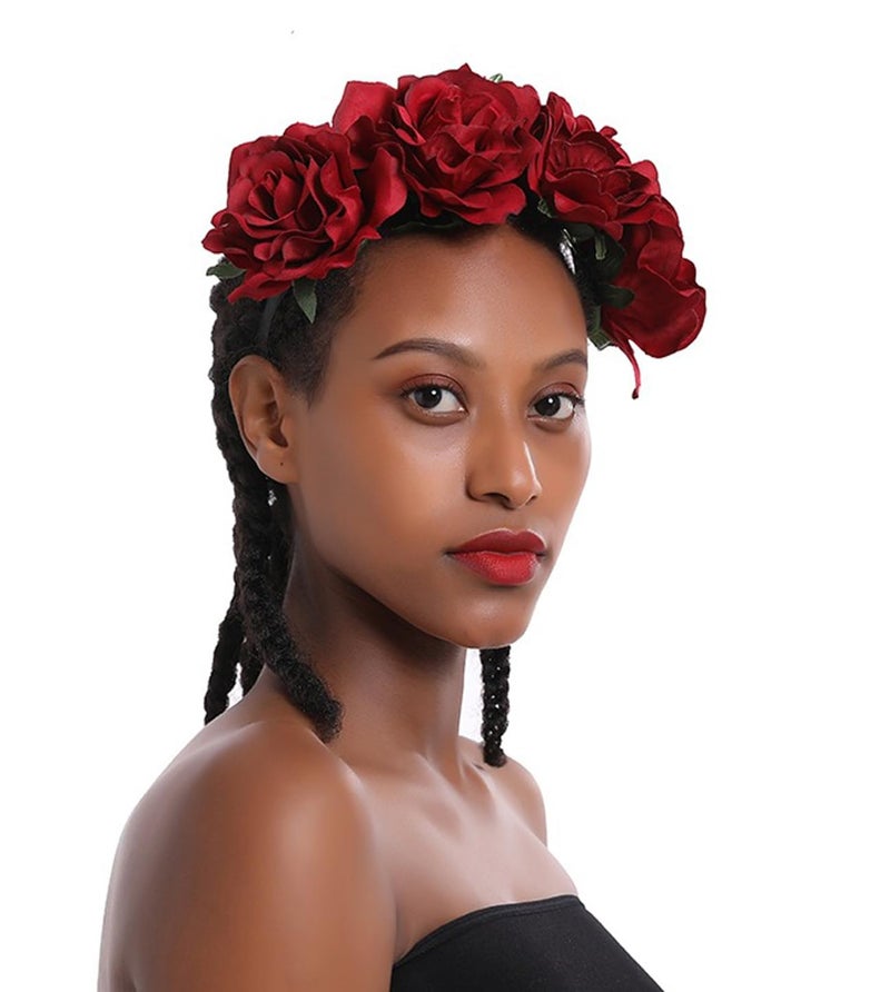 June Bloomy Rose Floral Crown Garland Flower Headband Headpiece for Wedding Festival (Dark Red) - Image 2